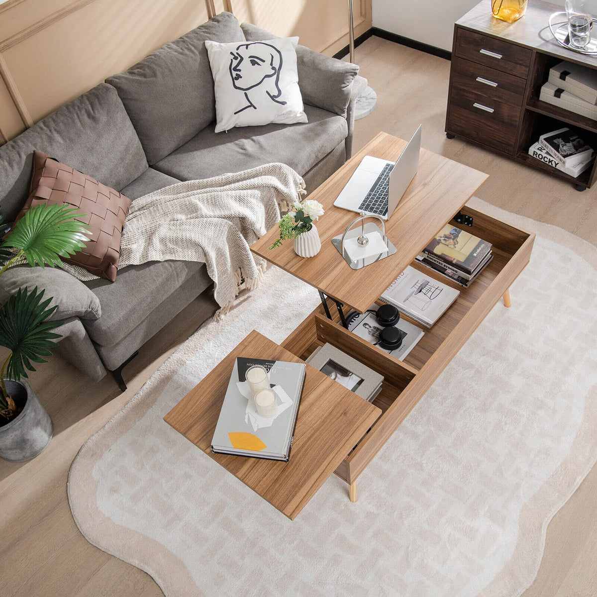 120cm Lift Top Coffee Table with Storage, Split Top Accent Table with Pneumatic Rods, Brown
