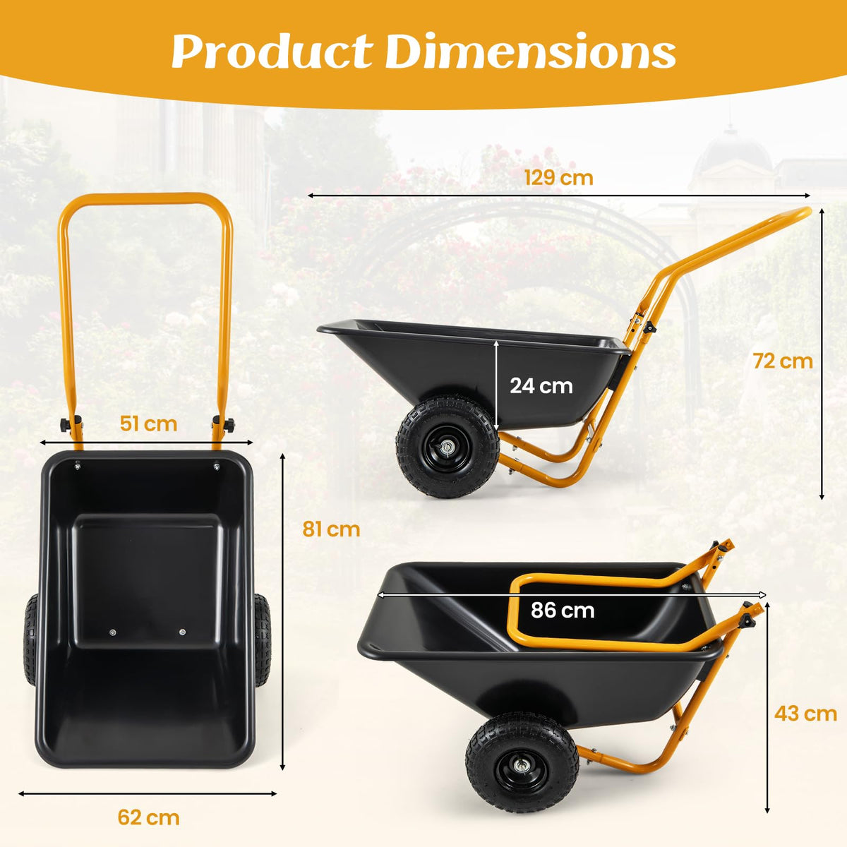 80L Heavy-Duty Foldable Garden Dual-Wheel Wheelbarrow 150 KG Load Capacity