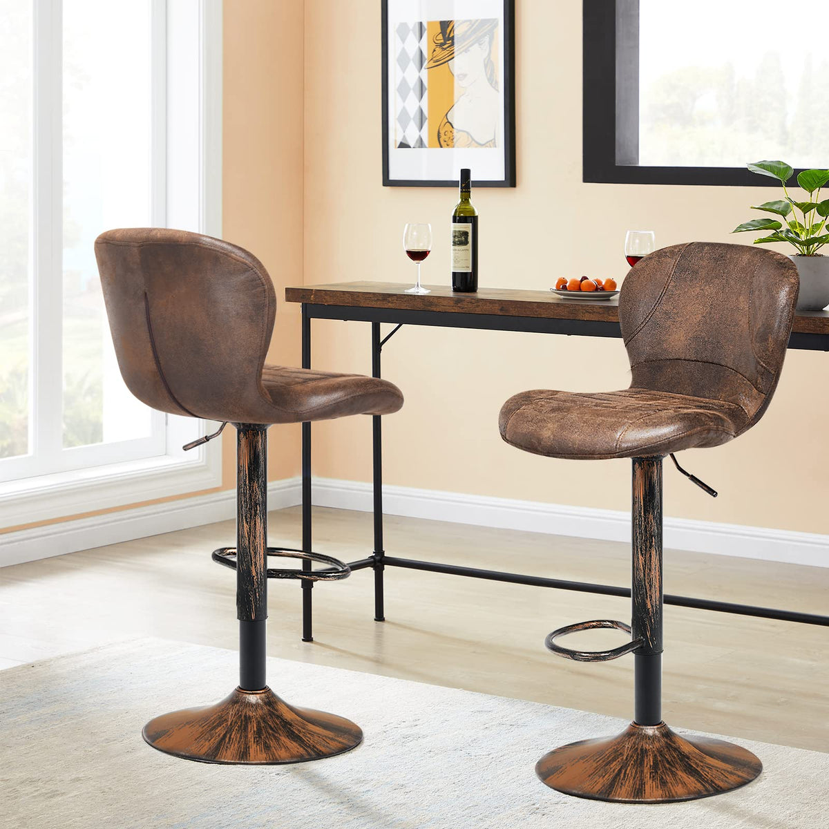 Giantex Bar Stools Set of 2, Adjustable Swivel Barstools with Back, Hot-Stamping Cloth and Chrome Footrest, Retro Brown