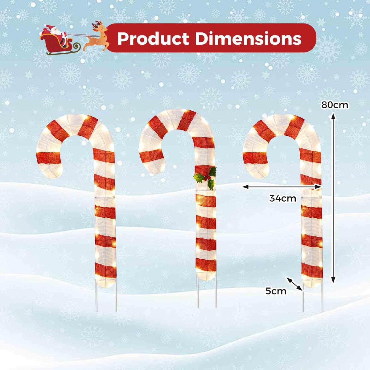 3 Pieces 80CM Pre-Lit Xmas Yard Candy Canes with 75 LED Lights