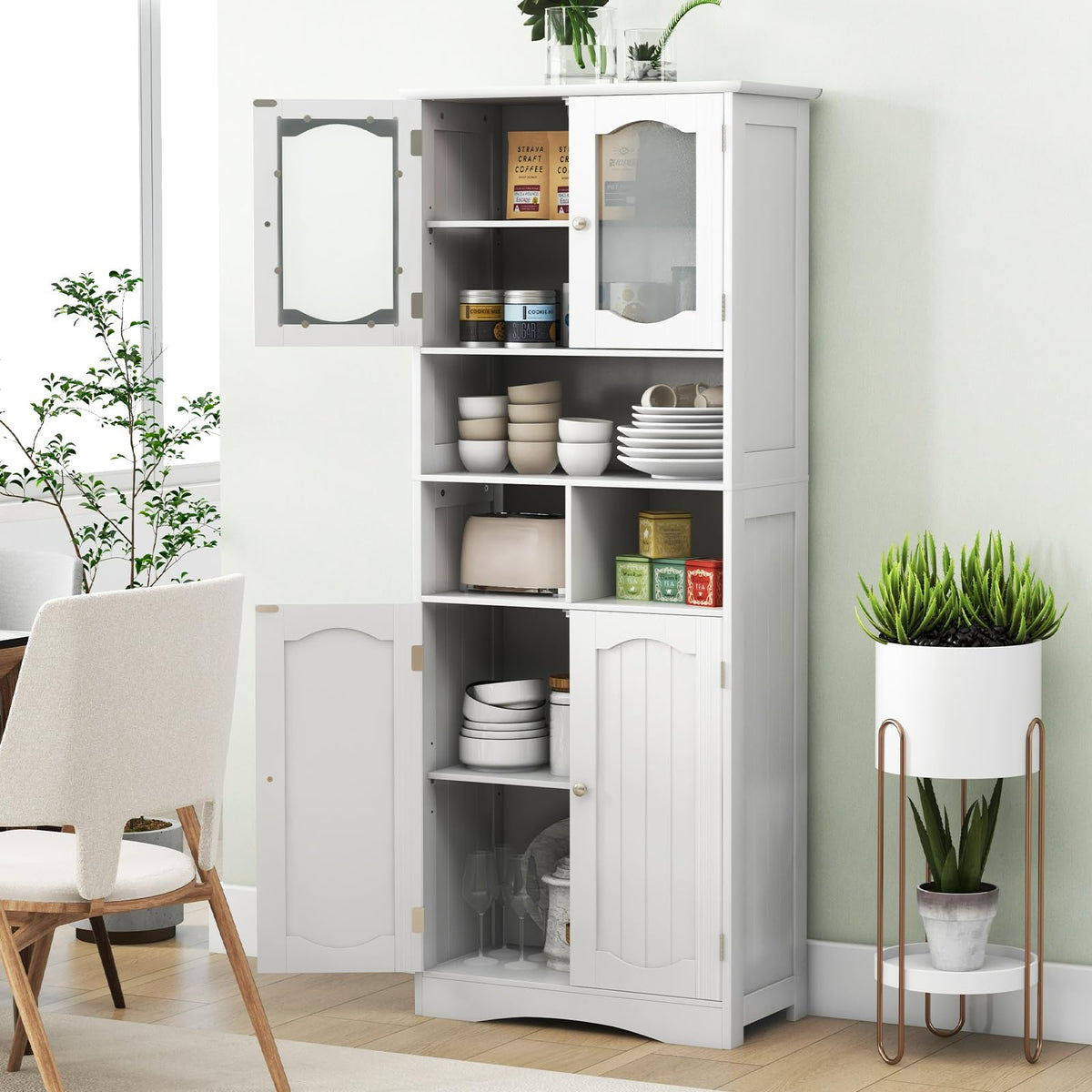 149cm Tall Bathroom Storage Cabinet with Frost Glass Doors and Shelves