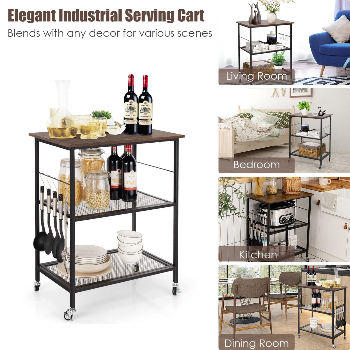 Giantex Kitchen Serving Rolling Carts, 3 Tier Storage Shelves Kitchen Island Cart