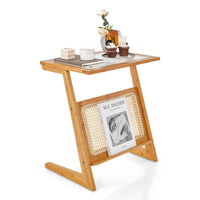 Giantex Z-Shaped End Table w/Magazine Rack, Glass Top Bamboo Side Table