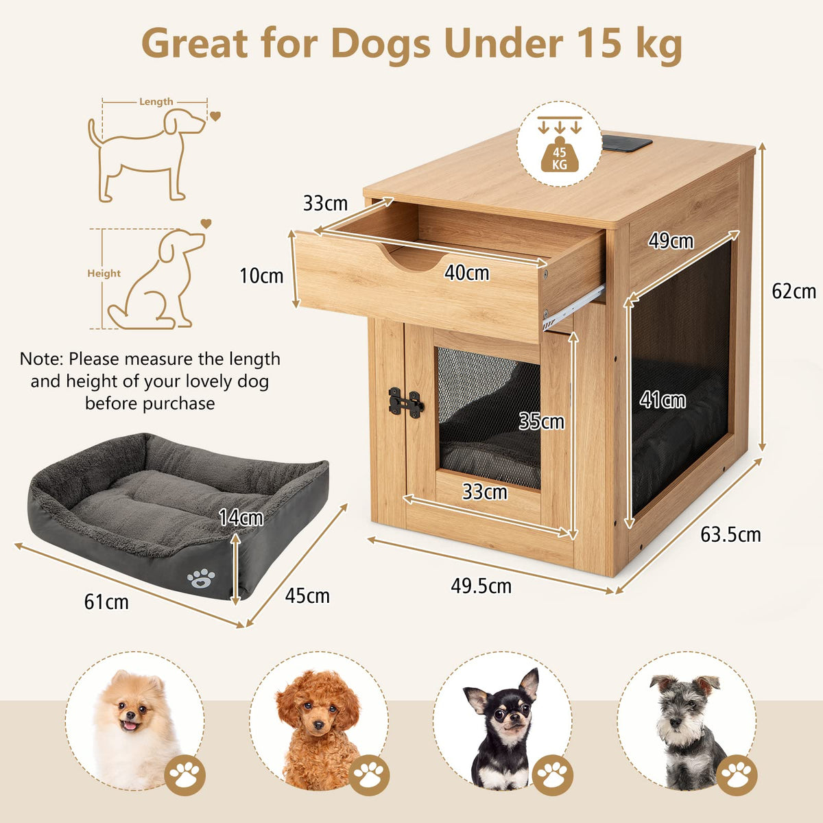 Furniture Style Dog Crate with Wired & Wireless Charging, Decorative Dog Kennel End Table w/Drawer, Removable Dog Bed