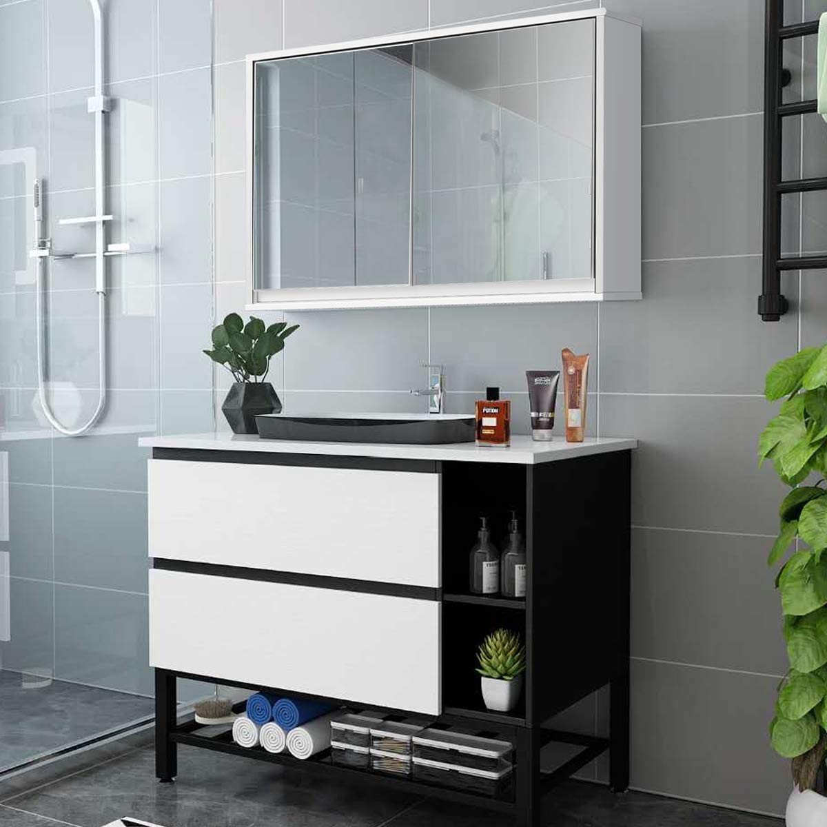 Bathroom Medicine Cabinet with Double Mirrored Doors for Bathroom