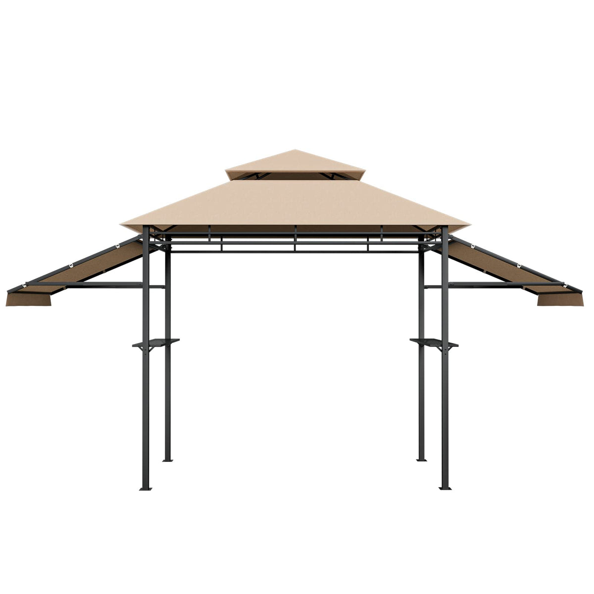 413 x 122cm Outdoor BBQ Grill Gazebo W/Dual Side Awnings, 2 Side Shelves, 8 Stakes Double-Tiered