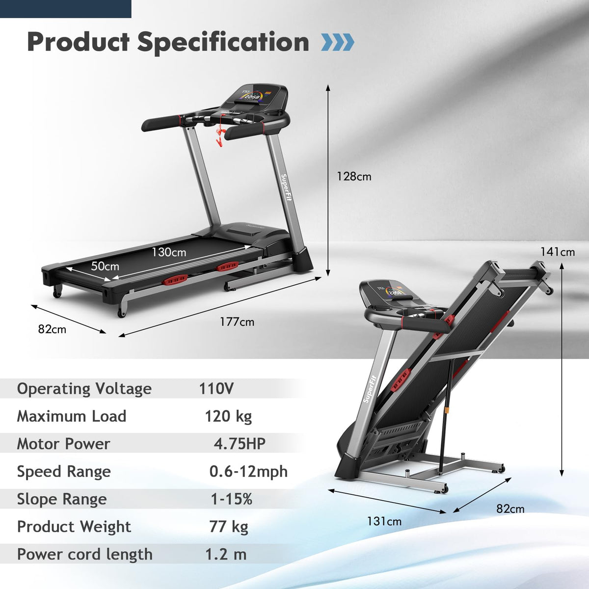 4.75HP Folding Treadmill with 15% Auto Incline for Home & Gym