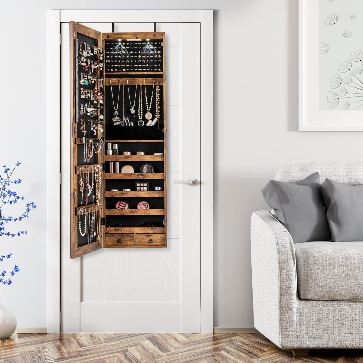 Mirror Jewelry Armoire, Wall Mounted/Over Door Jewelry Organizer
