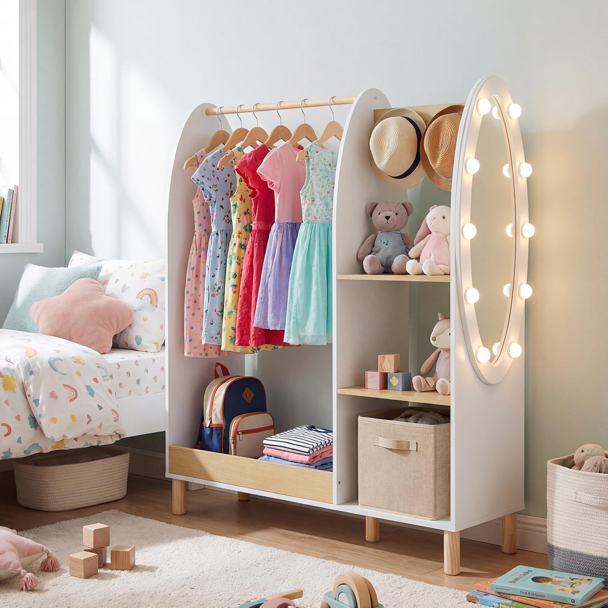 Kids Dress Up Storage with Mirror and Lights, Open Hanging Wardrobe Closet Armoire