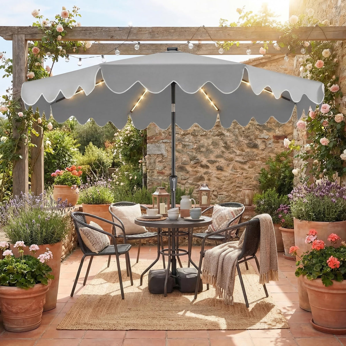 2.7M Patio Umbrella with 32 Solar LED Lights Weighted Base and Sandbags
