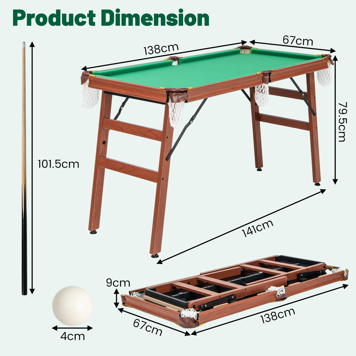 Folding Pool Table Set Portable Billiards Table Game w/Foldable Legs, Adjustable Foot Levelers