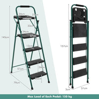 Folding Step Ladder, 4-Step Ladder w/Tool Tray, Non-Slip Footpads & Pedals