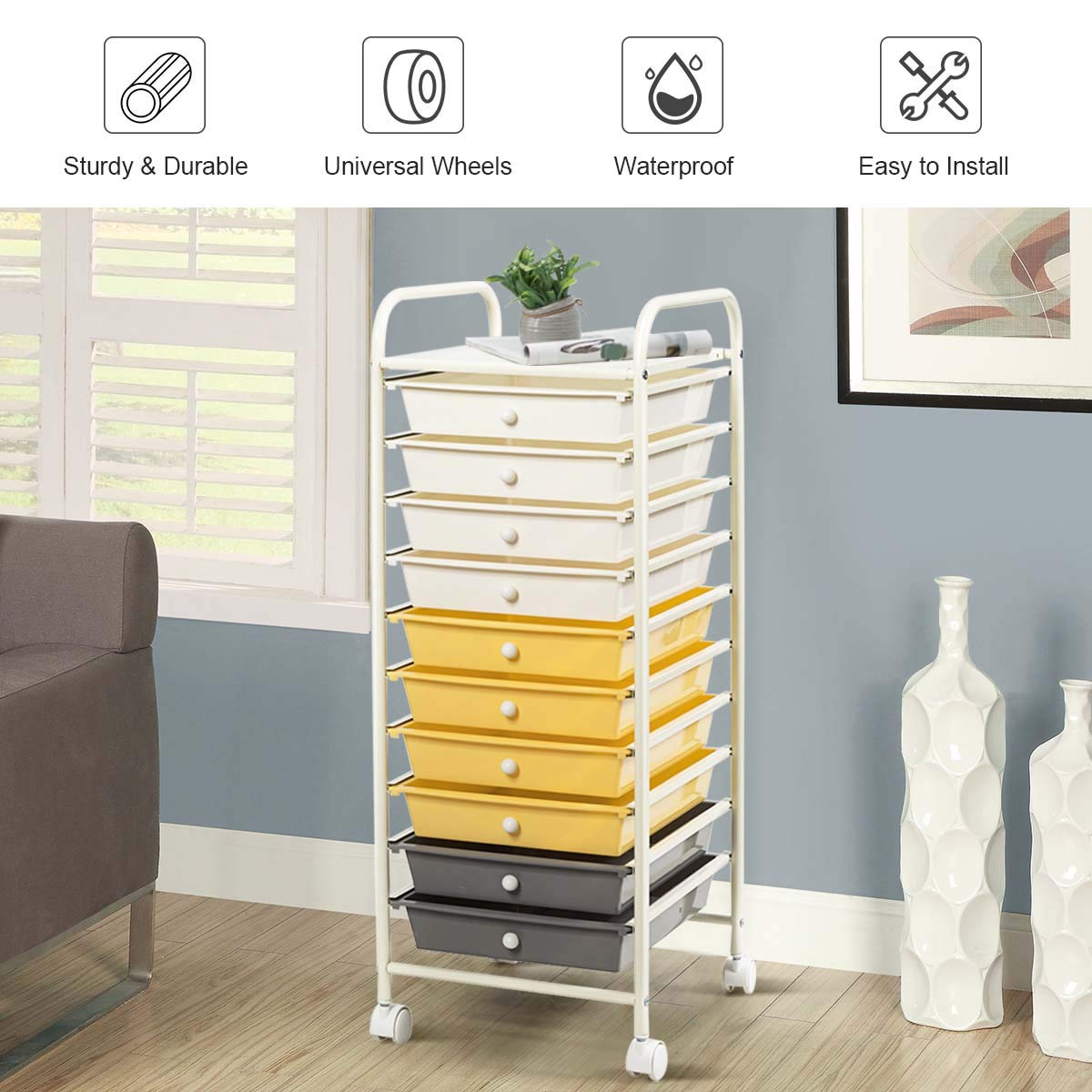 10-Drawer Rolling Storage Cart, Utility Tools Scrapbook Paper Organizer Cart