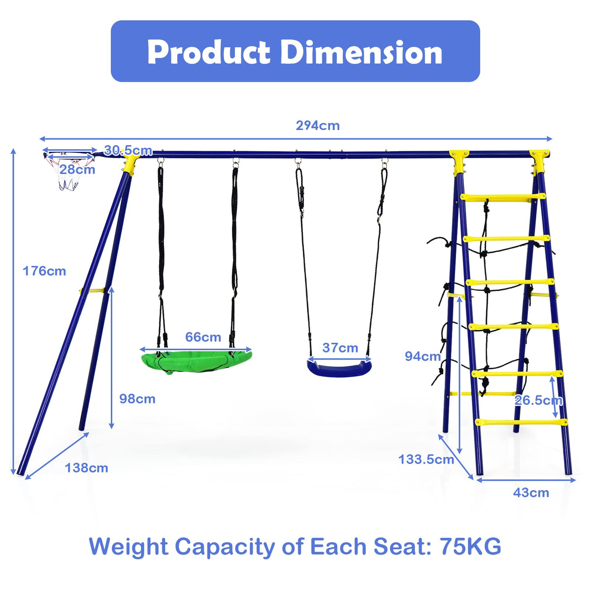 5-in-1 Outdoor Backyard Kids Swing Set with A-Shaped Metal Frame