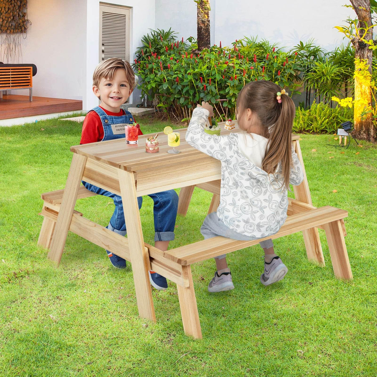 Kids Picnic Table, 4 in 1 Wooden Table & Bench Set with Removable Top & 2 Storage Boxes