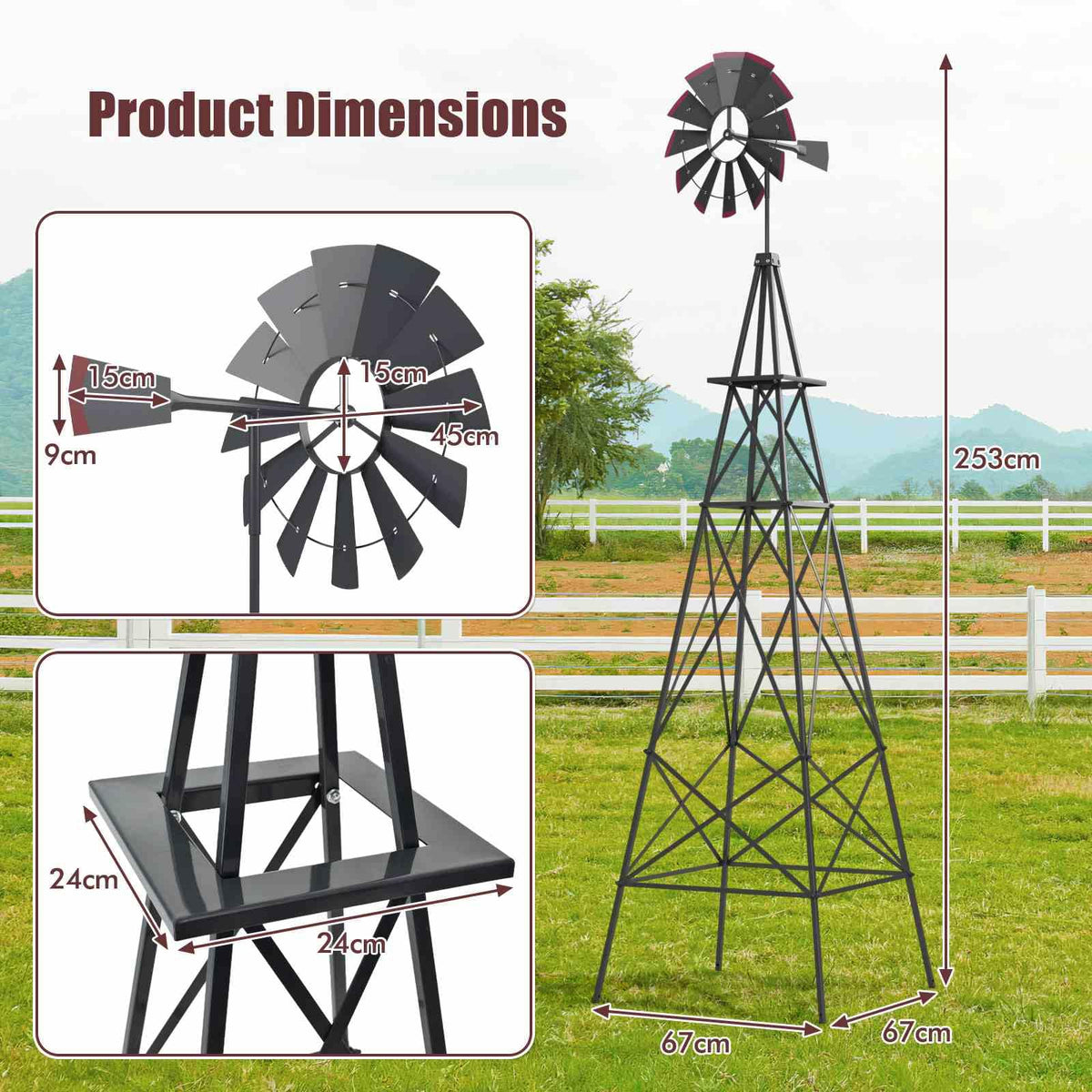 253cm Ornamental Windmill with 4 Support Legs for Backyard, Garden, Farm