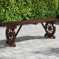 Patio Rustic Wood Bench, Carbonized Wood Long Bench w/Wagon Wheel Base