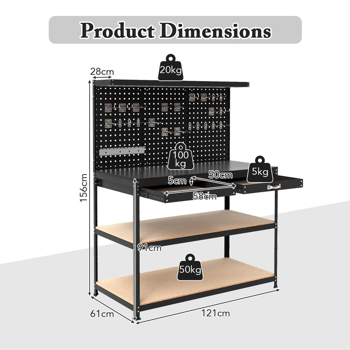 121 x 61 cm Workbench, 230 kg Heavy-Duty Work Table