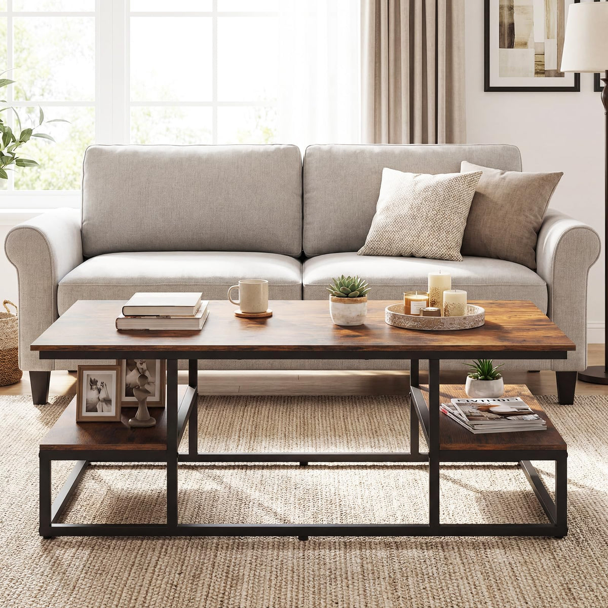Rectangle Center Table with Open Shelves and Metal Frame for Living Room