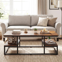 Rectangle Center Table with Open Shelves and Metal Frame for Living Room
