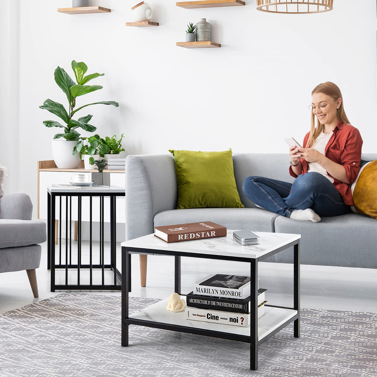 Giantex Nesting End Tables Set of 2, Multi-Function Coffee Tables w/Storage Shelf, White & Black