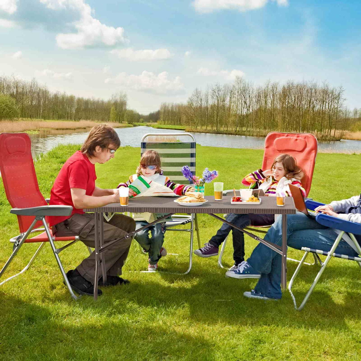 1.5m Folding Picnic Table, Outdoor Dining Table w/Rattan Grain HDPE Tabletop, Sturdy Metal Fame