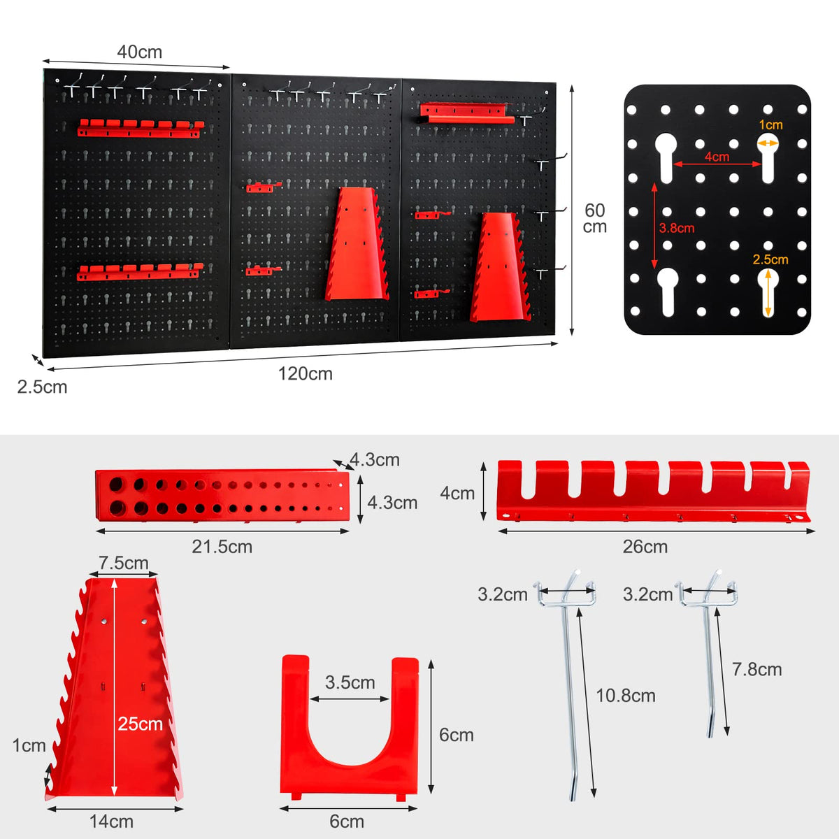 Costway 3PCs Pegboard Wall Organizer Board Kit Metal Toolboard Wall Hanging Rack w/25 Accessories Kitchen Garage