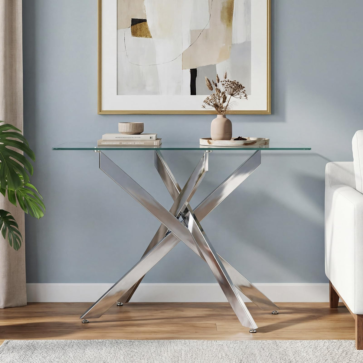 Modern Entryway Table with Clear Tempered Glass Top for Entrance and Living room