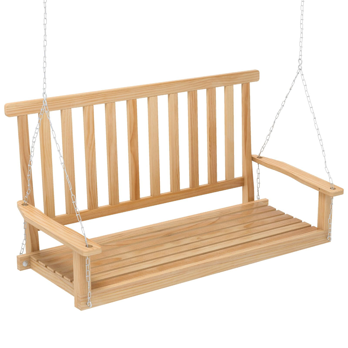 2-Seat Patio Swing Bench, Wood Hanging Porch Swing Chair W/ 2 Sturdy Hanging Ropes