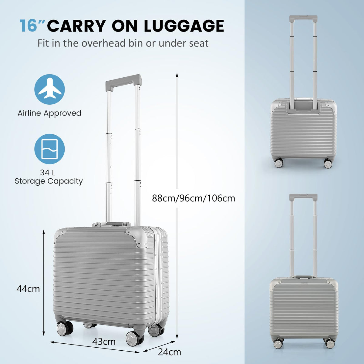 16” Under-seat Carry On Luggage, PC Hard Shell Suitcase with Spinner Wheels