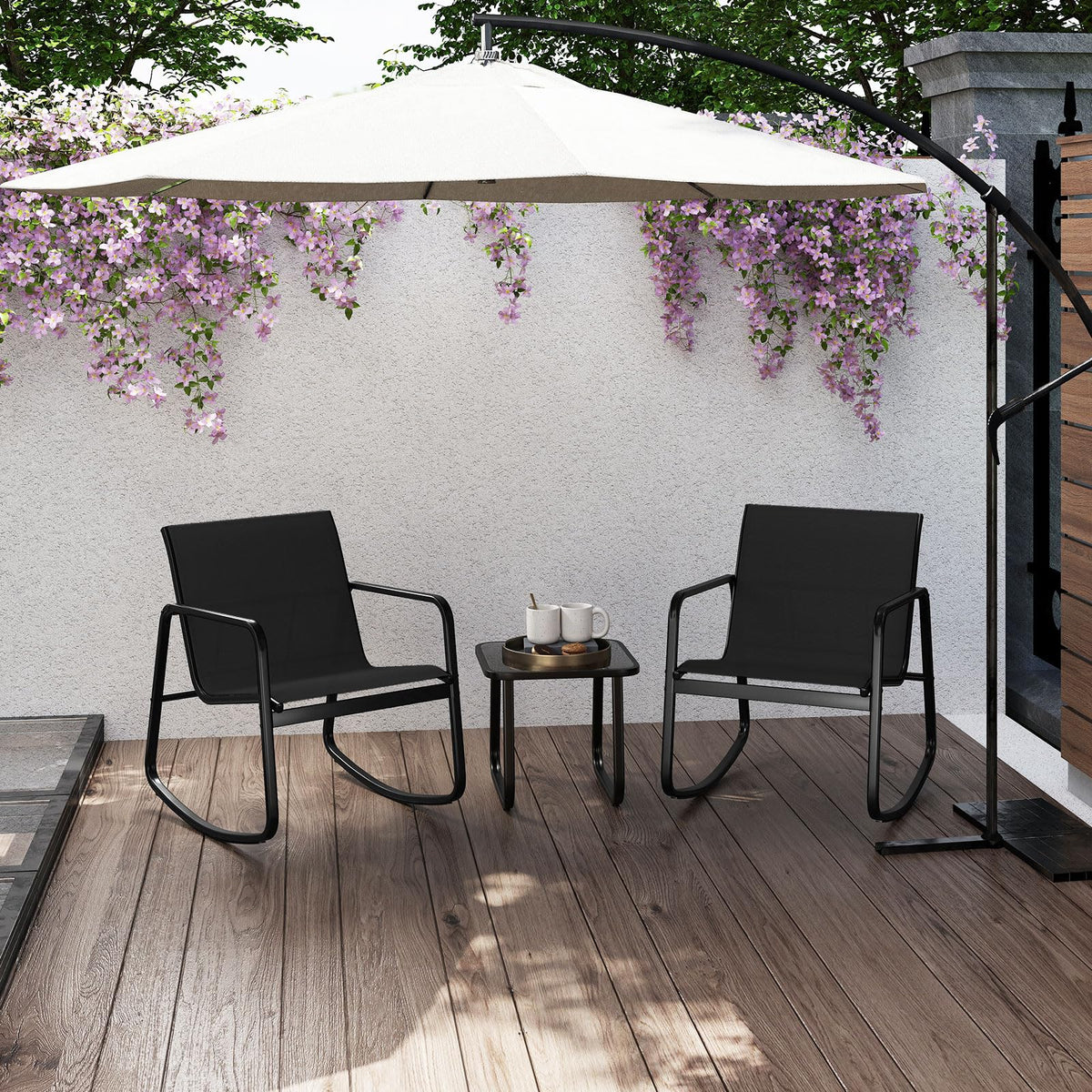 3 Piece Rocking Bistro Set Patio Furniture Set with 2 Rocking Chairs and Coffee Table
