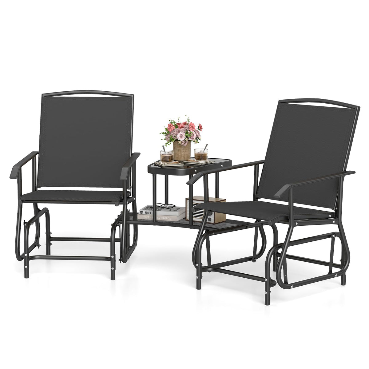 2-Seater Outdoor Glider Bench with 2-Tier Center Table