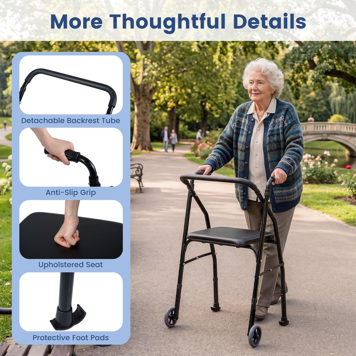 Folding Walker Lightweight Aluminum with 2 Wheels and Padded Seat for Seniors