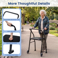 Folding Walker Lightweight Aluminum with 2 Wheels and Padded Seat for Seniors