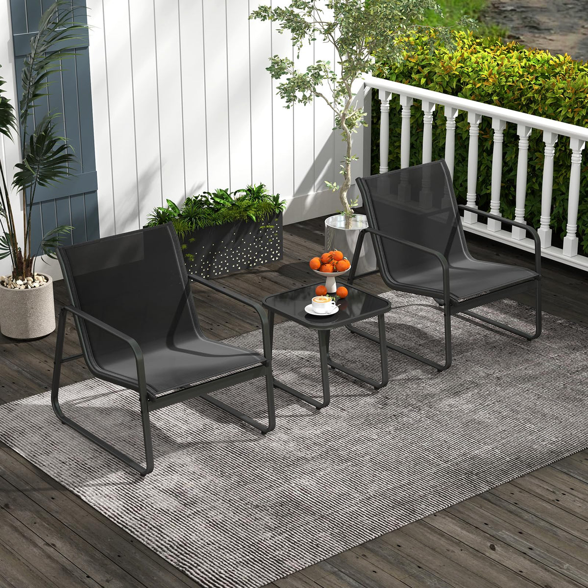 3 Pieces Patio Conversation Set Outdoor Metal Chair and Table Set Breathable Fabric