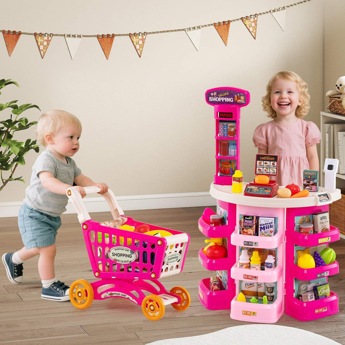 76PCS Supermarket Playset, Kids Pretend Play Grocery Store Set with Shopping Cart