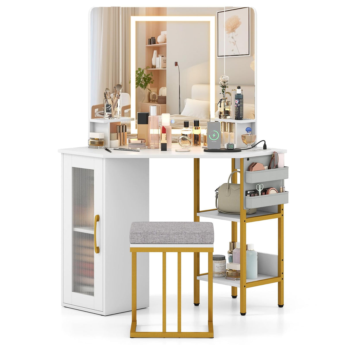 Makeup Vanity Desk with Mirror and Lights Corner Dressing Table