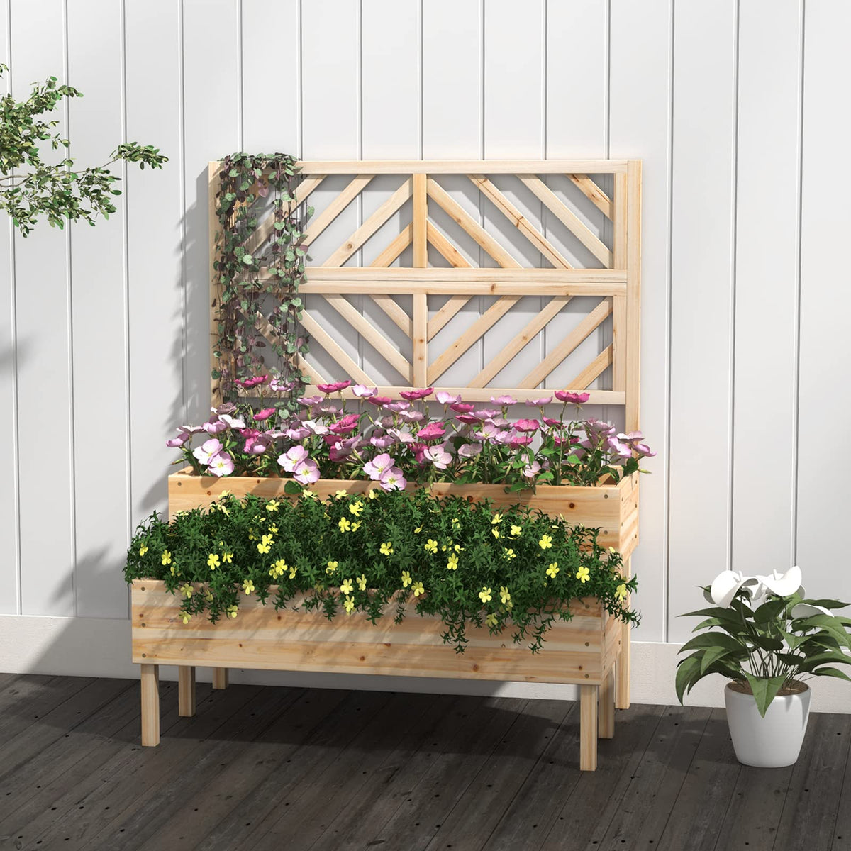 Giantex 2-Tier Raised Garden Bed w/Trellis, Wooden Elevated Planter Box w/Legs