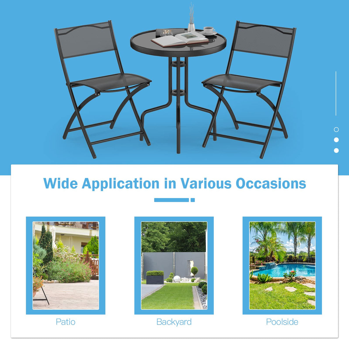 3-Piece Patio Bistro Set, Outdoor Bistro Table Set with Round Black Tempered Glass Tabletop and 2 Folding Chairs