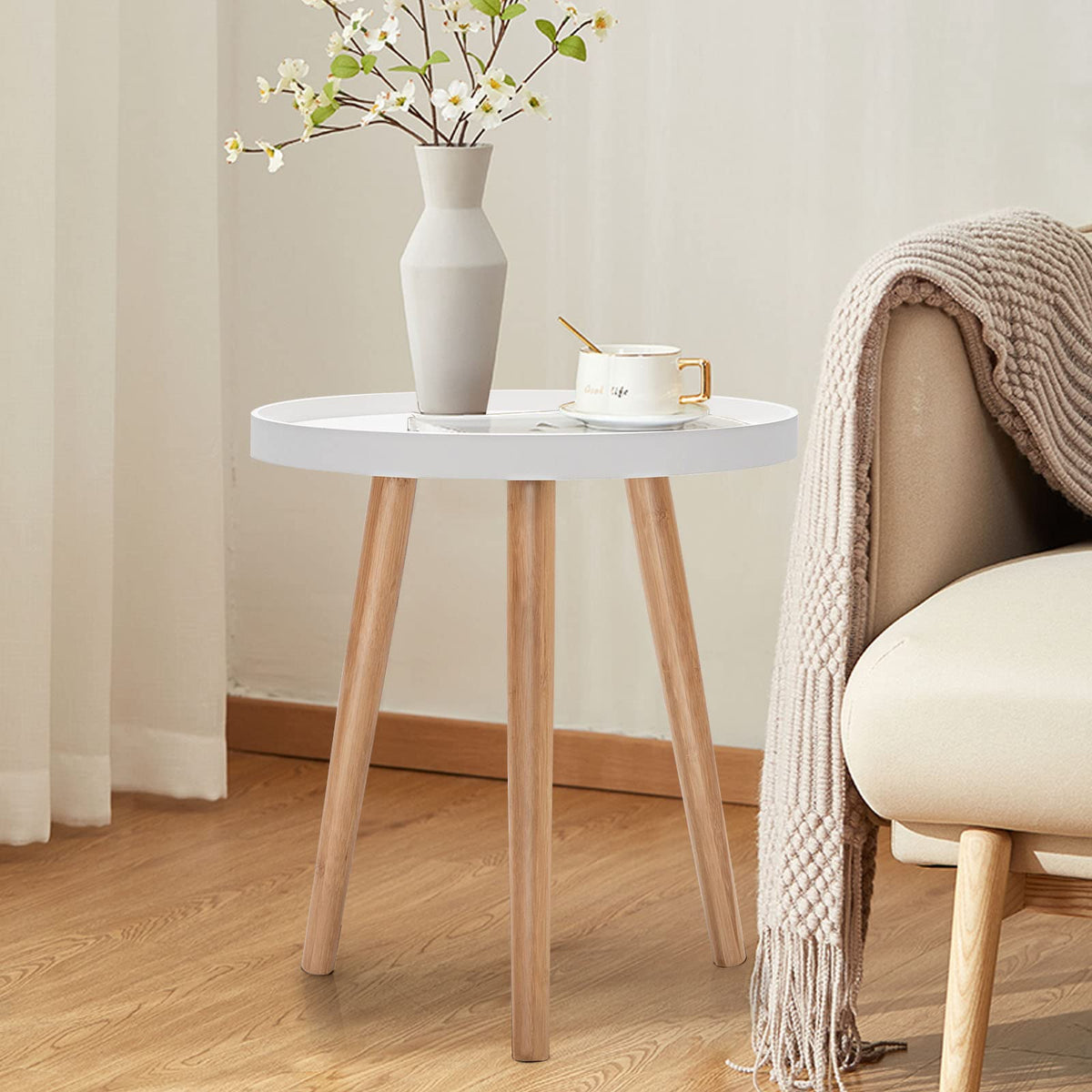 Giantex Round Side Table, End Table w/Wooden Tray