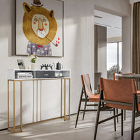 Giantex 2-Tier Faux Marble Console Table, Sofa Side Table w/Golden Steel Frame & Drawer, White