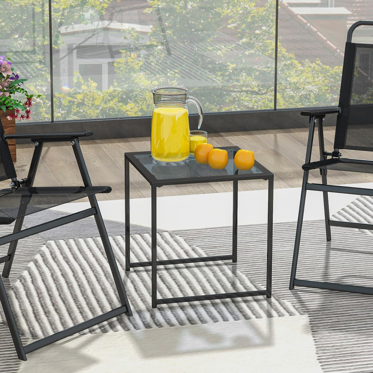 Patio Tempered Glass End Table with Metal Frame for Poolside