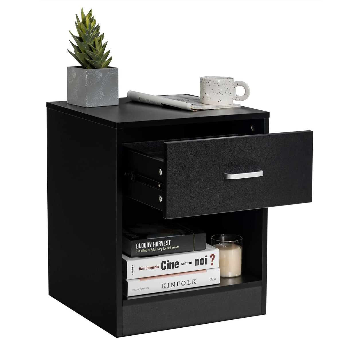 Giantex Modern Nightstand w/Storage, 2-Tier Wooden Bedside Table w/Storage Drawer & Cabinet