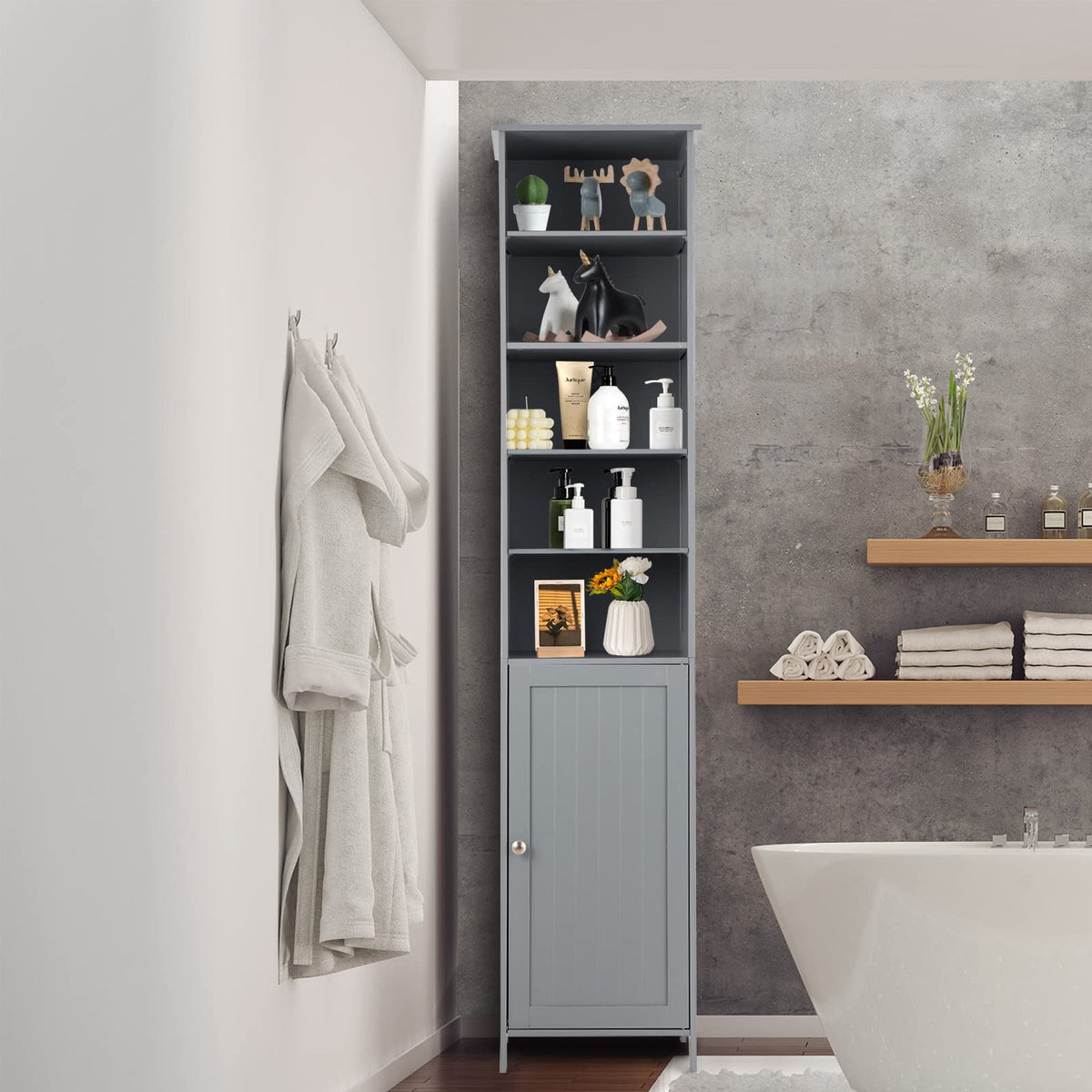 Giantex 182cm Bathroom Storage Cabinet, Wooden Bathroom, Freestanding Narrow Storage Cabinet