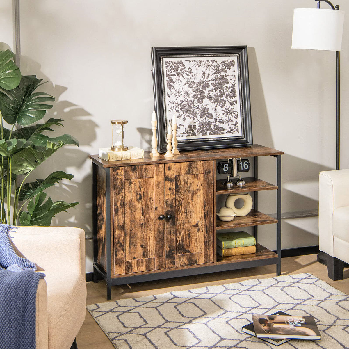 iantex Industrial Kitchen Buffet Cabinet, Multipurpose Console Table w/2-Door Cabinet, Adjustable Inside Shelf