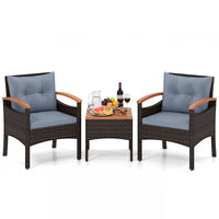 3-Piece Wicker Bistro Set with Acacia Table & Armchairs and Cushions for Backyard