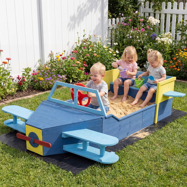 Glider-Shape Kids Sandpit, Large Wooden Outdoor Sand Box w/Bench Seat, Propeller, Rotatable Rudder and Side Wings