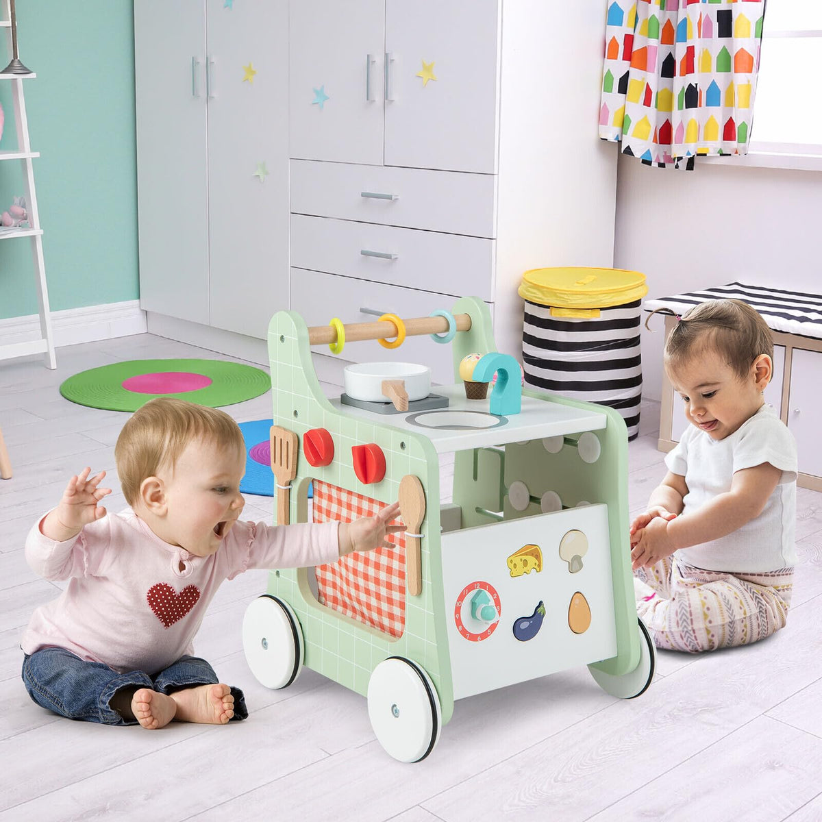 6-in-1 Toddler Push and Pull Walker with Play Kitchen for Kids-Green