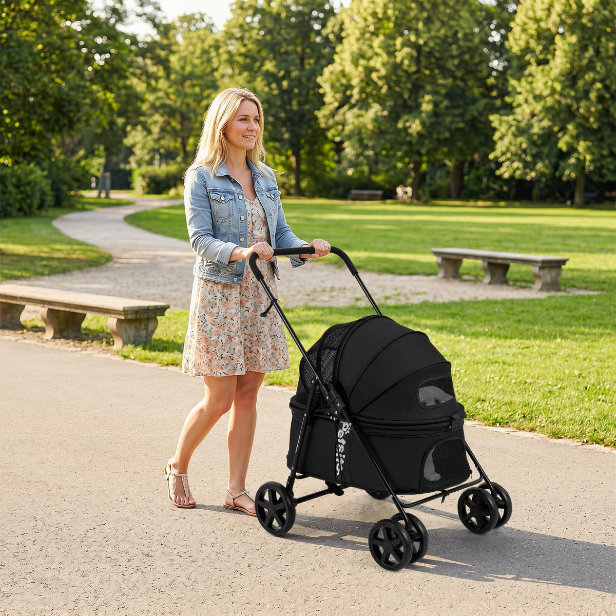 Pet Stroller for Dogs with 360 Swivel Wheels and One Step Brake