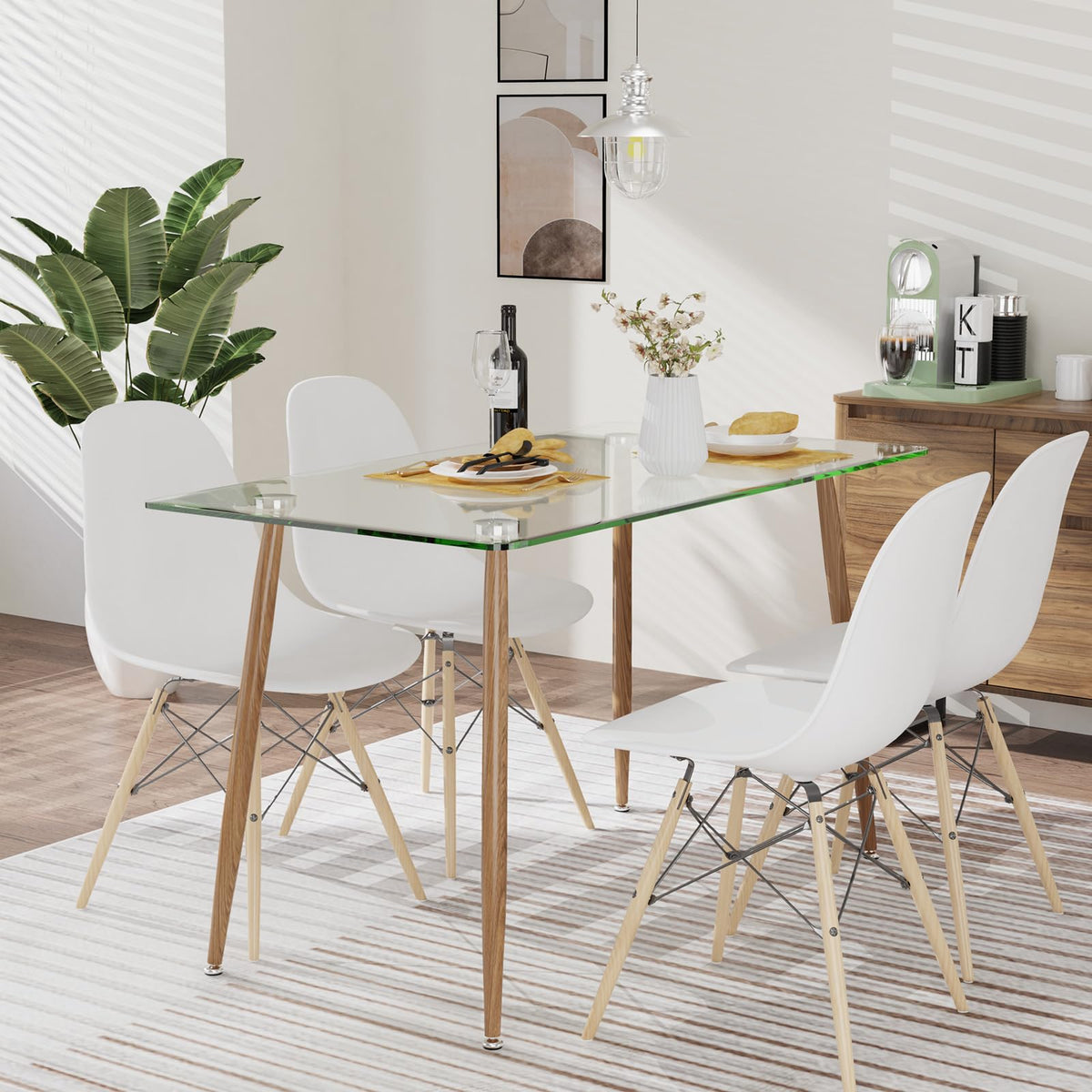 Giantex 129cm Modern Rectangle Glass Dining Table, Kitchen Glass Table W/Wood-Like Steel Legs